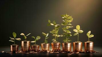 3d render of plant growing in copper pots on dark background. AI Generated. photo