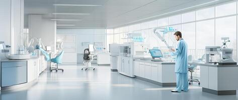 Scientist in modern laboratory with equipment and science experiments. Mixed media. . photo