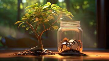 Coins in glass jar and tree on wooden table. Saving concept. . photo