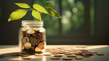 Coins in a glass jar with a plant growing on top. Saving money concept. AI Generated. photo