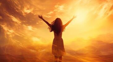 Silhouette of happy young woman with hands up on sunset sky background. AI Generated. photo