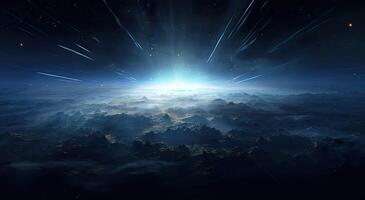 Fantasy alien planet in deep space. 3D rendering illustration. . photo