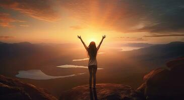 felicidad y libertad concepto. contento asiático mujer con elevado manos en pie en el parte superior de el montaña y mirando a el hermosa amanecer. ai generado. foto