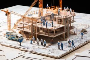 Miniature of construction site. Engineer and architect working on blueprint. AI Generated. photo