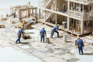 Miniature people. Construction workers working on construction site with model house. AI Generated. photo
