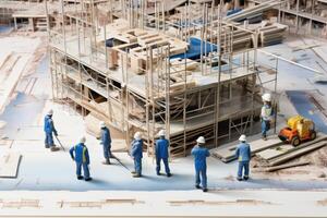 Miniature people. Workers are working on the building construction site. AI Generated. photo