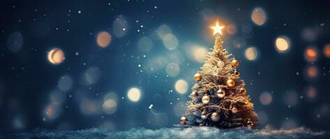 Christmas tree on snow and bokeh background. 3d rendering. AI Generated. photo