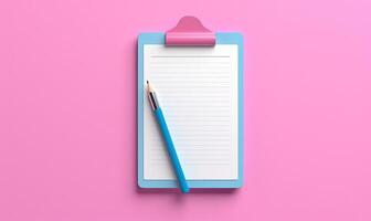 Clipboard and pencil isolated on pink background. 3d rendering. AI Generated. photo