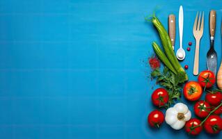 Fresh vegetables on a blue background, top view, copy space. AI Generated. photo