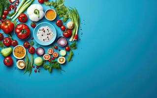 Fresh vegetables on blue background. Healthy food concept. Top view. AI Generated. photo