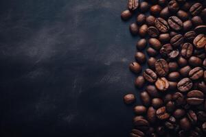 Coffee beans on black background. Top view with copy space. AI Generated. photo