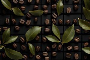 Coffee beans and bay leaf on black background, top view. . photo