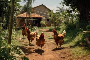 chickens and rooster walking in the farm, vintage tone. AI Generated. photo