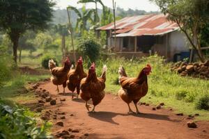 Chickens are walking on the dirt road in the farm. AI Generated. photo