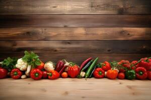 Fresco vegetales en de madera antecedentes. sano comida concepto. Copiar espacio. ai generado. foto