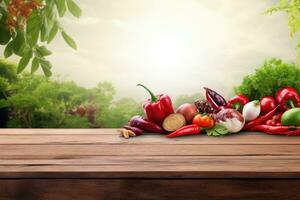 Wooden table with fresh vegetables on nature background. Healthy food concept. AI Generated. photo