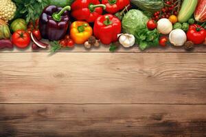 Fresh vegetables on wooden table. Healthy food background. Top view with copy space. AI Generated. photo