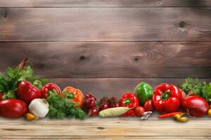 Composition with fresh vegetables on wooden background. Healthy food concept. AI Generated. photo