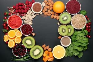 Healthy food selection. fruits, berries, nuts and superfoods. AI Generated. photo