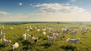 Aerial view of a herd of goats grazing on a green meadow. AI Generated. photo