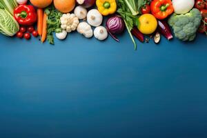 Fresh vegetables on blue background. Healthy food concept. Top view with copy space. AI Generated. photo