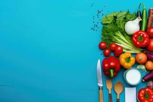 Fresh vegetables on blue background with copy space. Healthy food concept. AI Generated. photo