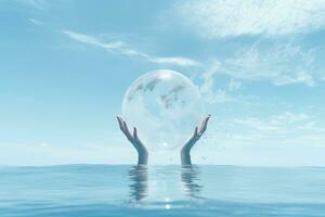 Crystal ball floating in water with hands cupped around it. 3D rendering. AI Generated. photo
