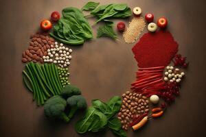 Vegetables and legumes forming a heart shape on brown background. AI Generated. photo