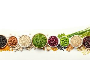 collection of various legumes in bowls on white background with copy space. AI Generated. photo
