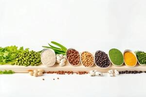 Various types of legumes on white background. Healthy food concept. AI Generated. photo