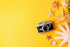 Vintage camera, seashells and starfish on yellow background. AI Generated. photo