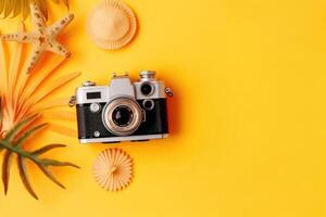 Flat lay composition with retro camera, hat and palm leaves on yellow background. AI Generated. photo