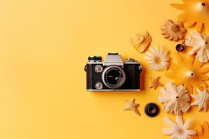 top view of retro camera with flowers and seashells on yellow background. . photo