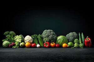 Group of fresh organic vegetables on black background. Healthy food concept. AI Generated. photo