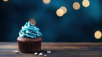 Cupcake with blue icing on wooden table and bokeh background. AI Generated. photo