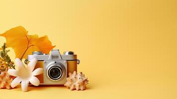 Vintage camera with autumn leaves on yellow background. Minimal concept. AI Generated. photo