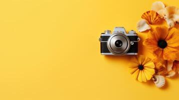 Retro camera with flowers on yellow background. Flat lay, top view. . photo
