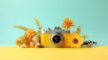 Retro camera with flowers on yellow and blue background, copy space. . photo