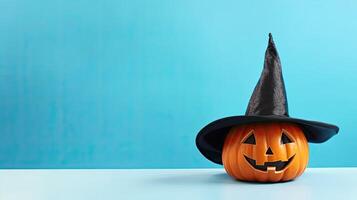 Halloween pumpkin with witch hat on blue background. Halloween concept. AI Generated. photo