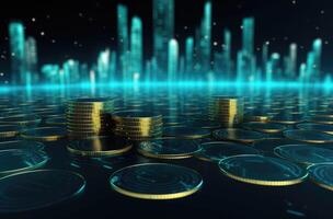 Stacks of gold coins with binary code on a dark blue background. 3d rendering. . photo