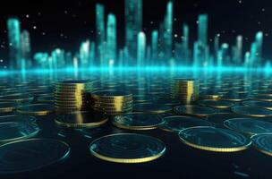 Stacks of gold coins with binary code on a dark blue background. 3d rendering. AI Generated. photo