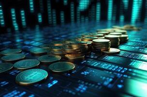 3d illustration of stack of golden coins over blue background with binary code. . photo