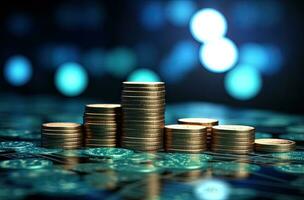 Stacks of coins on the table with bokeh background. AI Generated. photo