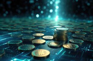 3D illustration of coins and binary code. Cryptocurrency concept. . photo