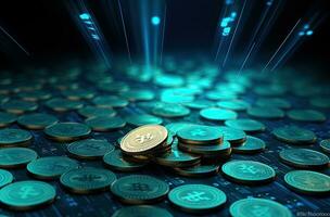 3d illustration of golden bitcoins over blue background with binary code. AI Generated. photo