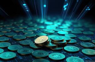 3d illustration of golden bitcoins over blue background with binary code. . photo