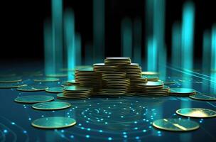 3d illustration of golden coins stack over blue background with binary code. . photo