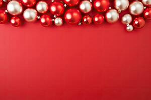 Christmas background with red and silver baubles on red background. AI Generated. photo