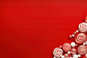 Christmas background with red and white candies and lollipops. AI Generated. photo