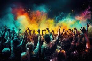 Crowd of people at a music festival. Colorful holi powder explosion. AI Generated. photo